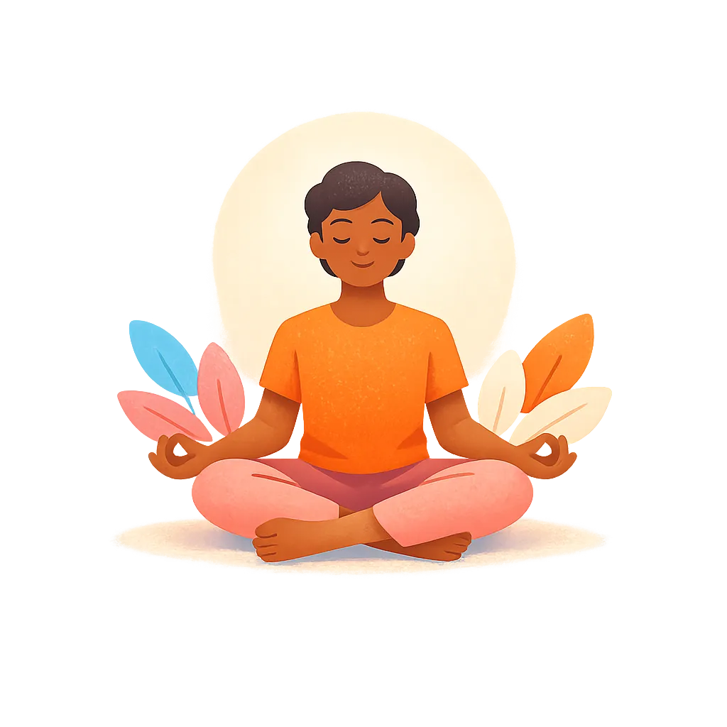 Una persona meditando con calma, rodeada de hojas de colores